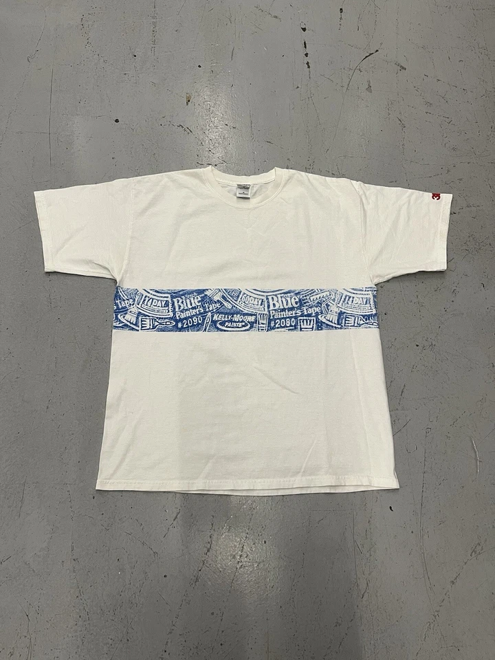 复古 Kelly Moore 3M 衬衫 XL 码 Y2K 蓝色条纹画家胶带涂鸦艺术 — 第 1/4 张图片