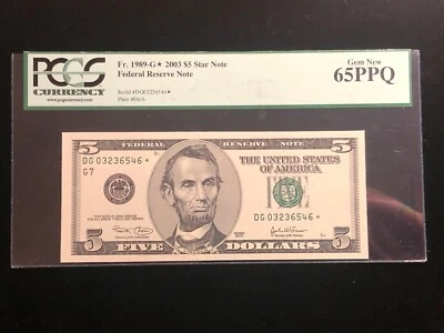 $5 2003 Star * Chicago PCGS Gem New 65PPQ #DG03216546* FRN Banknote Fr. 1989-G* - Image 1 of 4