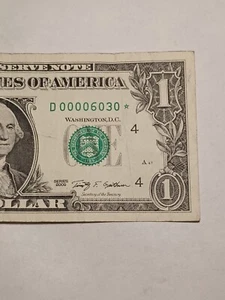 2009 $1 D CLEVELAND BEP LOW SERIAL NUMBER TRINARY STAR NOTE (D00006030*) - Picture 1 of 7
