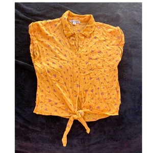 Moral Fiber Floral Print Tie-Front Top Short Sleeve Blouse Yellow M - Picture 1 of 4