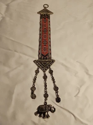 Vintage Oriental Charmed Wall Hanging Elephant Pewter Handmade Ribbon - Image 1 of 4