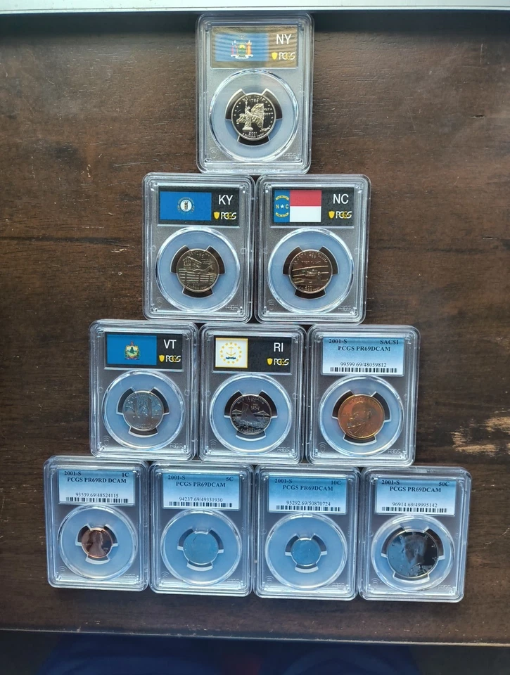 2001s - 10 coin proof set - 5 state 25c,1c,5c,10c,50c,$1- pcgs pr69 dcam in case - Image 1 of 4