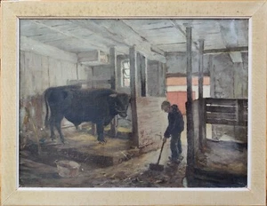 Robert Rasmussen (1893-1933): BARN CLEANING - QUALITY CONTROL, original oil - Picture 1 of 7