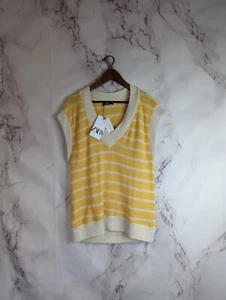 Zara Sweater Vest Women Small Yellow Cotton Stripe Tank V Neck Oversized Casual  - Picture 1 of 8