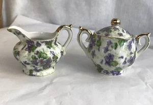 Lefton China 794V Japan Violet Small Sugar Creamer Gold Leaf - Picture 1 of 10