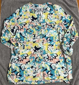 Kim Rogers Linen Button Down Shirt Roll Up Sleeve - Size Medium - Floral NWT - Picture 1 of 4