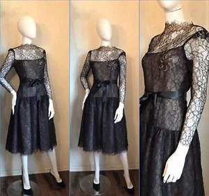 VINTAGE 1970’s Mollie Parnis Illusion Lace Cocktail Party DRESS S - Picture 1 of 10