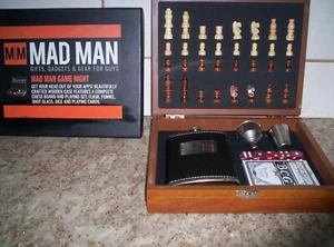 Mad Man Game Night Chess Set Wooden Case Cards Dice Flask Funnel Shot Glass - Picture 1 of 8