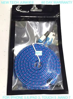 10FT LONG Flat Braided Fabric data USB Charger Cable for IPHONE X 8 7 6 PLUS 5S - Image 1 of 4