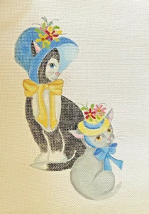 KW Needlepoint Hand Stitch Painted Canvas Gray Cat With Bow 18 Count New - Imagen 1 de 3
