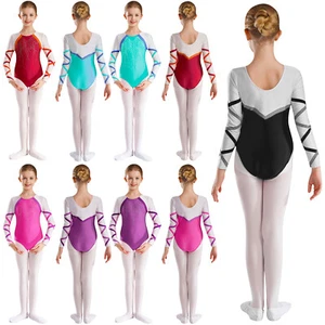 Kids Girls Bodysuit Round Neck Dancewear Yoga Dance Leotard Rhinestones Unitard - Picture 1 of 70