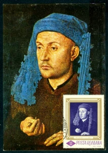 1966 Man with blue chaperon/by van Eyck,National Gallery,Romania,FDC maxi card - Picture 1 of 2
