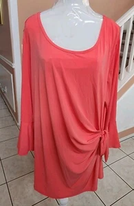 NWT AVENUE Coral Round Neck Side Tie Long Bell Sleeve Stretch Tunic Top Sz 22/24 - Picture 1 of 12