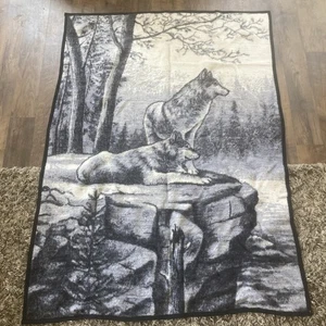 Vintage Biederlack Blanket Wolf Wolves on Cliff Acrylic USA Made 52x72" Wildlife - Picture 1 of 4