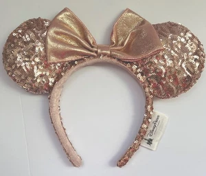 Disney Parks Headband Rose Gold Sequin With Bow Minnie Mouse Ears WDW Magic EUC - Picture 1 of 5