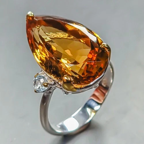 Handmade 14 ct+ Natural Citrine Quartz Ring 925 Sterling Silver Size 8 /R443550 - Image 1 of 1
