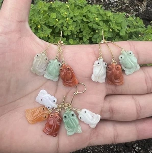 Antique / Vintage Chinese Hand Carved Jade Fish Pendant & Earrings 14k Gold Set - Picture 1 of 9
