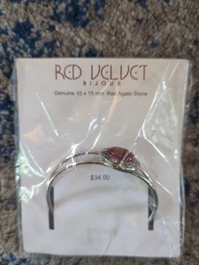 "RED VELVET BIJOUX" Silver Tone Genuine Red Agate Stone Cuff Bracelet, New - Picture 1 of 3