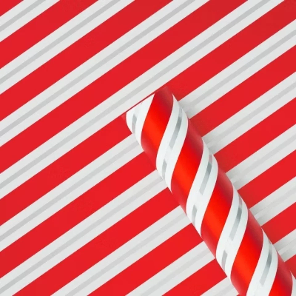 30" 90 sq ft Christmas Roll Wrap Red/White/Silver Diagonal Stripes -  - Image 1 of 3