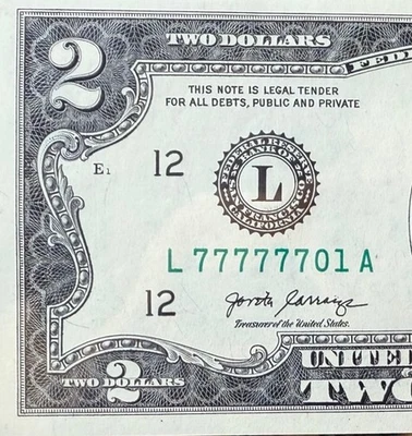 Billete de $2 - Número de serie elegante L77777701A - ¡Seis 7’s! Casi sólido - nítido UNC Foto 1 de 4