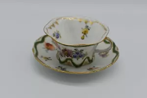 Francisca Hirsch Dresden Flowers & Green Gold Rimmed Tea Cup & Saucer B - Picture 1 of 8