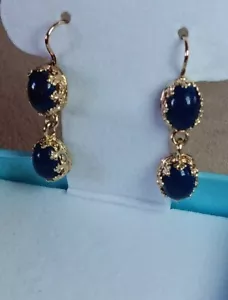 Orecchini Leverback Blu Cabochon Cianite Giallo 14k Goccia - Foto 1 di 10