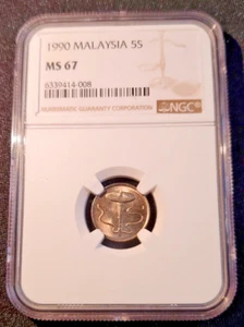 1990 Malaya 5 Sen BANK NEGARA MALAYSIA NGC MS 67 - Picture 1 of 6