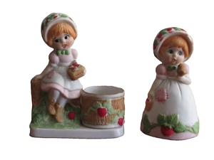 Strawberry Patches Jasco 1980 Bisque Bell-Girl holding Baby Bird + Votive Holder - Picture 1 of 13