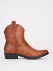 Womens Tan Ankle Boots Size 8 Western Cowboy Brown Faux Leather Ladies Low Heel