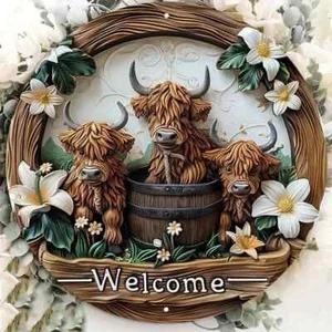 Vintage Wooden Sign Decoration Home Decor Christmas Gift Highland Cow WELCOME - Picture 1 of 2