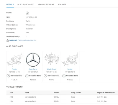 Mercedes-Benz 380 SL 1984-85 montaje de cabina de rueda trasera derecha; pieza #107-630-02-69 Foto 1 de 2