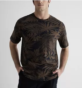 Express Men Leaf Print Short Sleeve Luxe Pique T Shirt Top Tee Brown Black Large - Picture 1 of 3