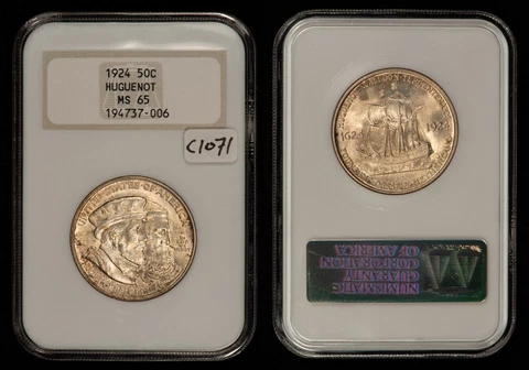 1924 50c Huguenot Commemorative Half Dollar - Frosty PQ Coin - Fatty NGC MS 65 Cover