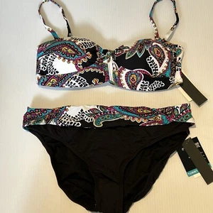 Kenneth Cole M Underwire Bandeau Bikini Swimsuit Colorful Paisley & Black - Picture 1 of 14