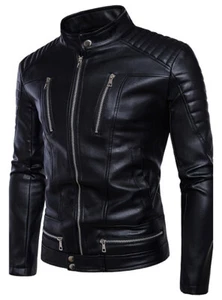 Mens Fall Stand Collar 100% Genuine Leather Jacket Shoulder Quilted Biker Jacket - Picture 1 of 5