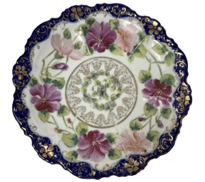Antique Hand Painted Floral Cobalt Gold Porcelain Dish Plate 9.25" Nippon? - Picture 1 of 6