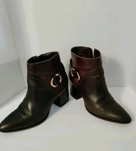 Vince Camuto Everle Brown Leather Ankle Boot Gold Buckle Block Heel Size 10M EUC - Picture 1 of 24
