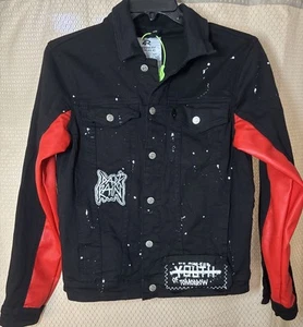 New Refinery Republic Black Denim Jacket Red Faux Leather Skater Sz Small - Picture 1 of 10