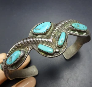 PULSERA de plata lingote fundido turquesa pueblo navajo antiguo raro anterior a 1930 años 1910-1920 - Imagen 1 de 15