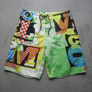 Vintage Volcom Board Shorts Mens 38 Green Neon Graphic Swim Trunks Surf Beach - Picture 1 of 11