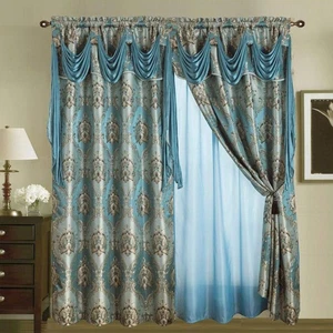 Classical Jacquard Window Drape Set, 2 Panels with Attached Valance + Sheer B... - Picture 1 of 7