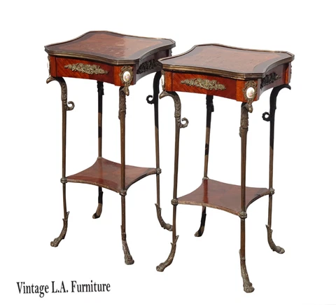 Pair Antique French Louis XVI Style Gueridon Bronze & Marquetry Inlay Tables Cover