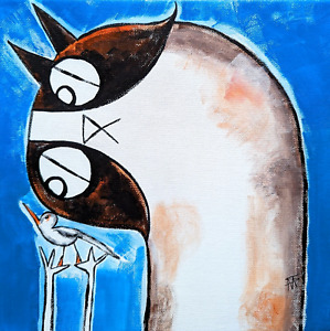 Original Cat Painting Bird Calico Beach Contemporary Folk Art by Samantha McLean