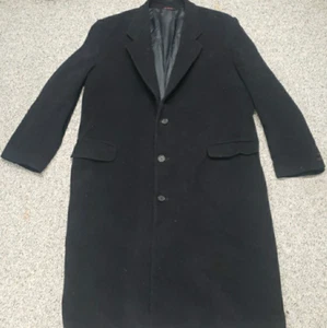 Wool Cashmere Italy Men's Long Trench Coat Black Size Large Buttoned *READ* - Picture 1 of 12