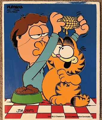 Vtg Garfield Jim Davis Playskool 1978 Wood Tray 7 Pc Puzzle “Let's Trade” 250-7 - Image 1 of 4
