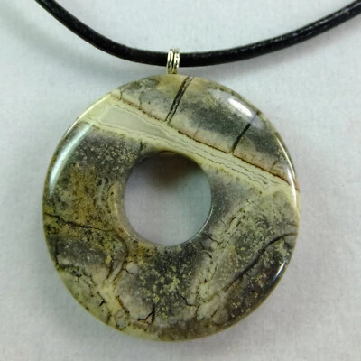 Gray Jasper with Agate 1 1/4 inch Stone Donut 19" Leather Cord Necklace NEW #79 - Image 1 of 4