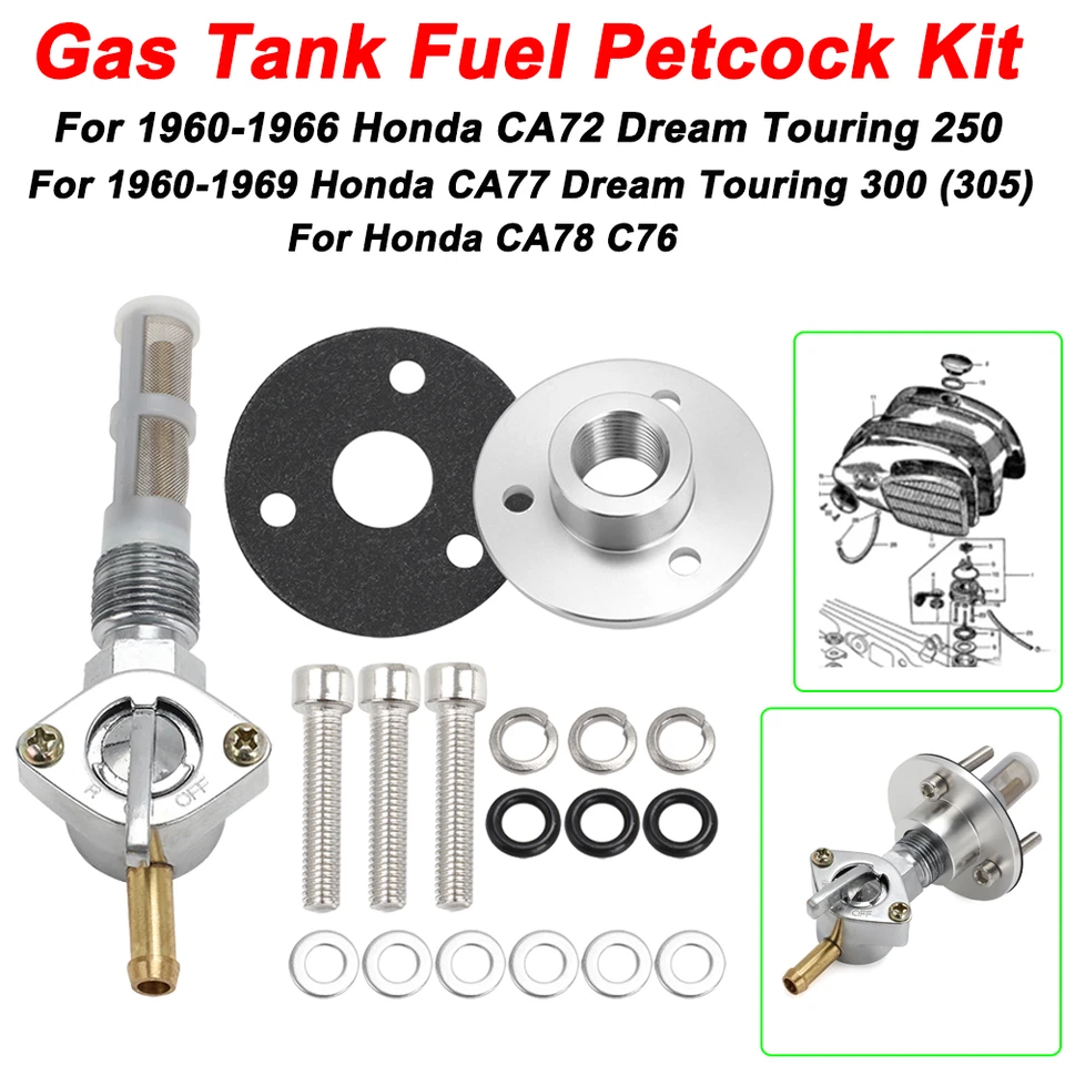 Fit Honda Dream Touring 305 250 Petcock Kit CA77 CA78 CA72 C76 Benly Gas Tank Foto 1 de 4