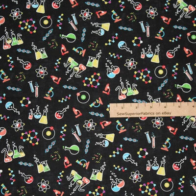 STEM Squad Science Lab Chemistry Physics Cotton Fabric 27" x 42"   #DC9721-BLACK - Image 1 of 2