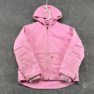 Carhartt Jacket Girls M Pink Parka Sherpa Fleece Lined Canvas Hooded Solid Logo - Picture 1 of 17