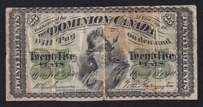 Dominion of Canada 1870 25 Cent Shinplaster Plain Dickinson-Harington Nice Note - Image 1 of 2